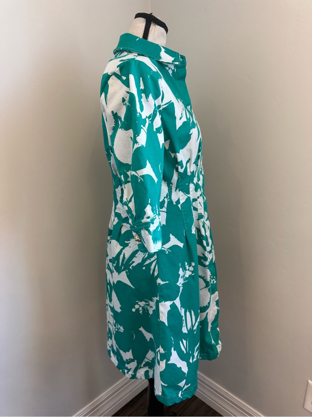 Anne Klein 4P Green White Floral Shirt Dress Petite Button Front Stretch Cotton - Picture 13 of 13